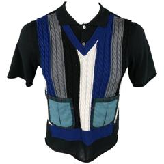 COMME des GARCONS Size S Black Wool Blue V Neck Knit Pocket Vest Front Polo 