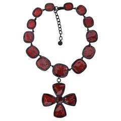 TOM FORD VINTAGE PATE DE VERRE NECKLACE with CROSS and RED STONES