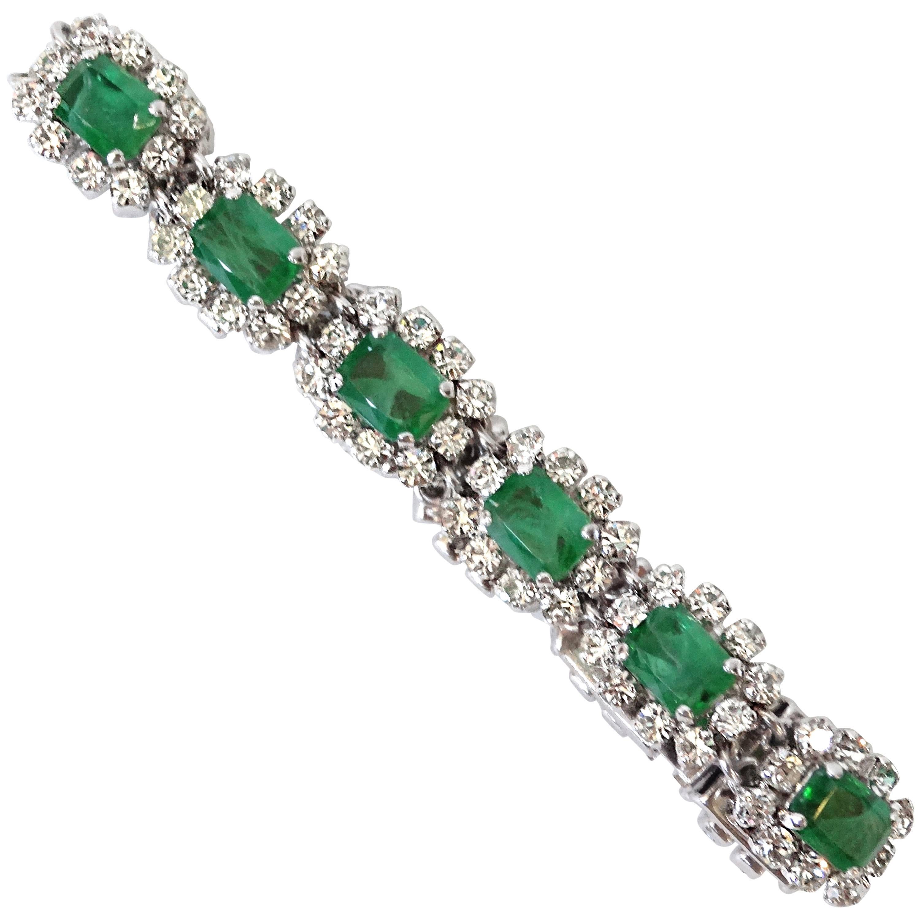 1960s Christian Dior Diamanté And Emerald Link Bracelet