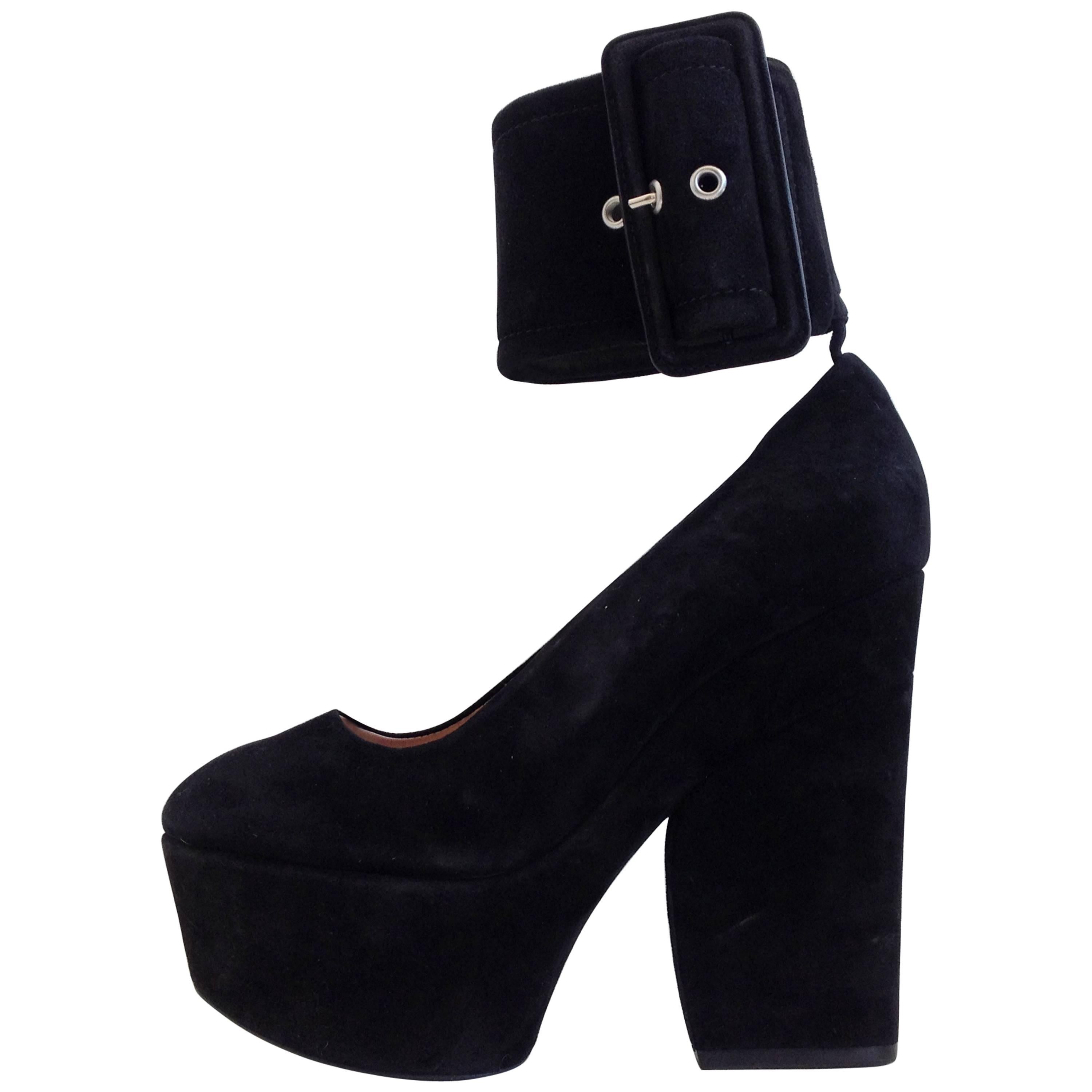 Celine Black Suede Platform Heels with Ankle Strap Size 37 (6.5) For Sale