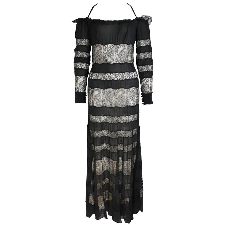 Jacques Molko Couture Black And Nude Silk Lace Maxi Dress at 1stDibs