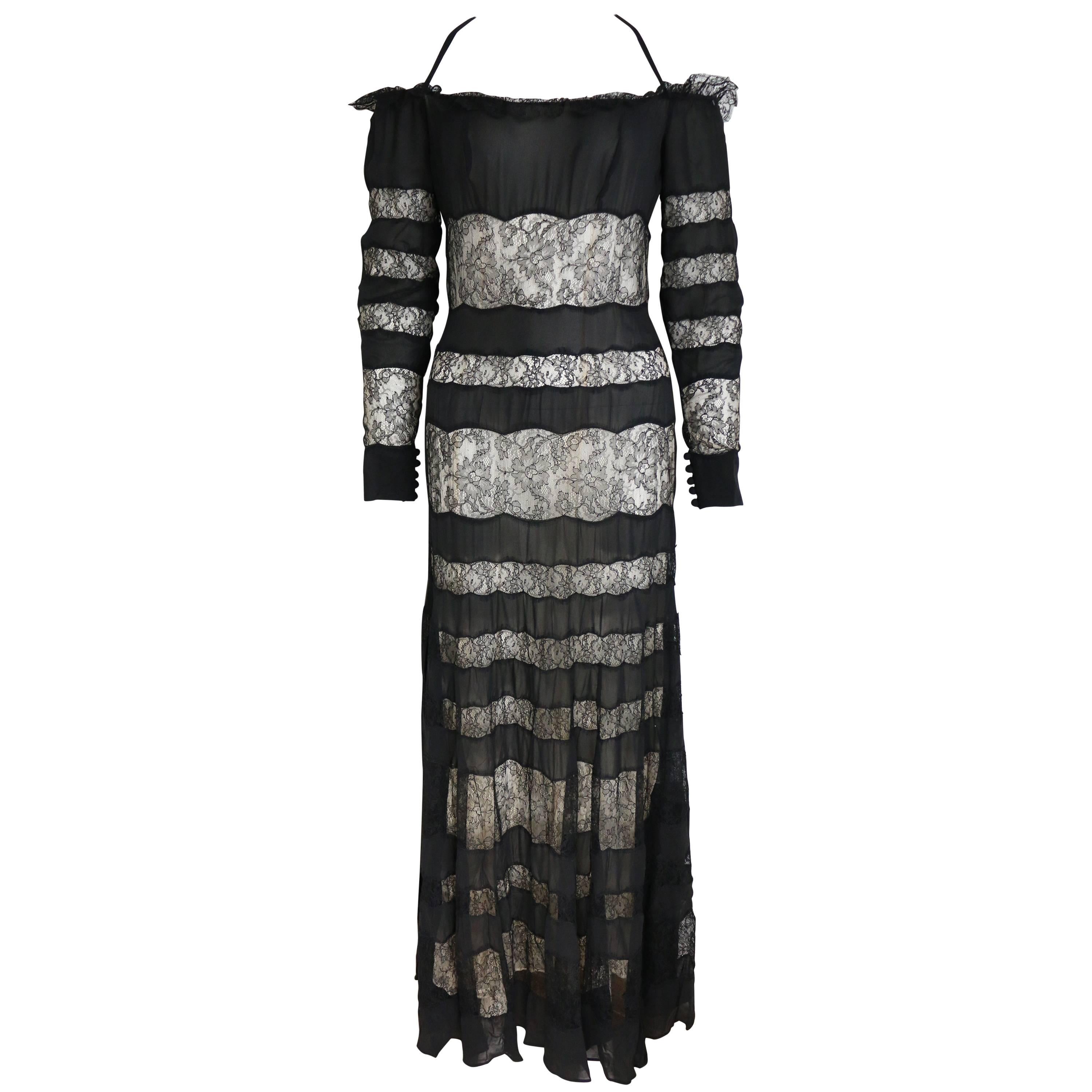 Jacques Molko Couture Black And Nude Silk Lace Maxi Dress 