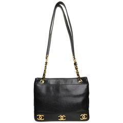 Vintage Chanel Black Caviar Gold "CC" Logo Shopping Tote