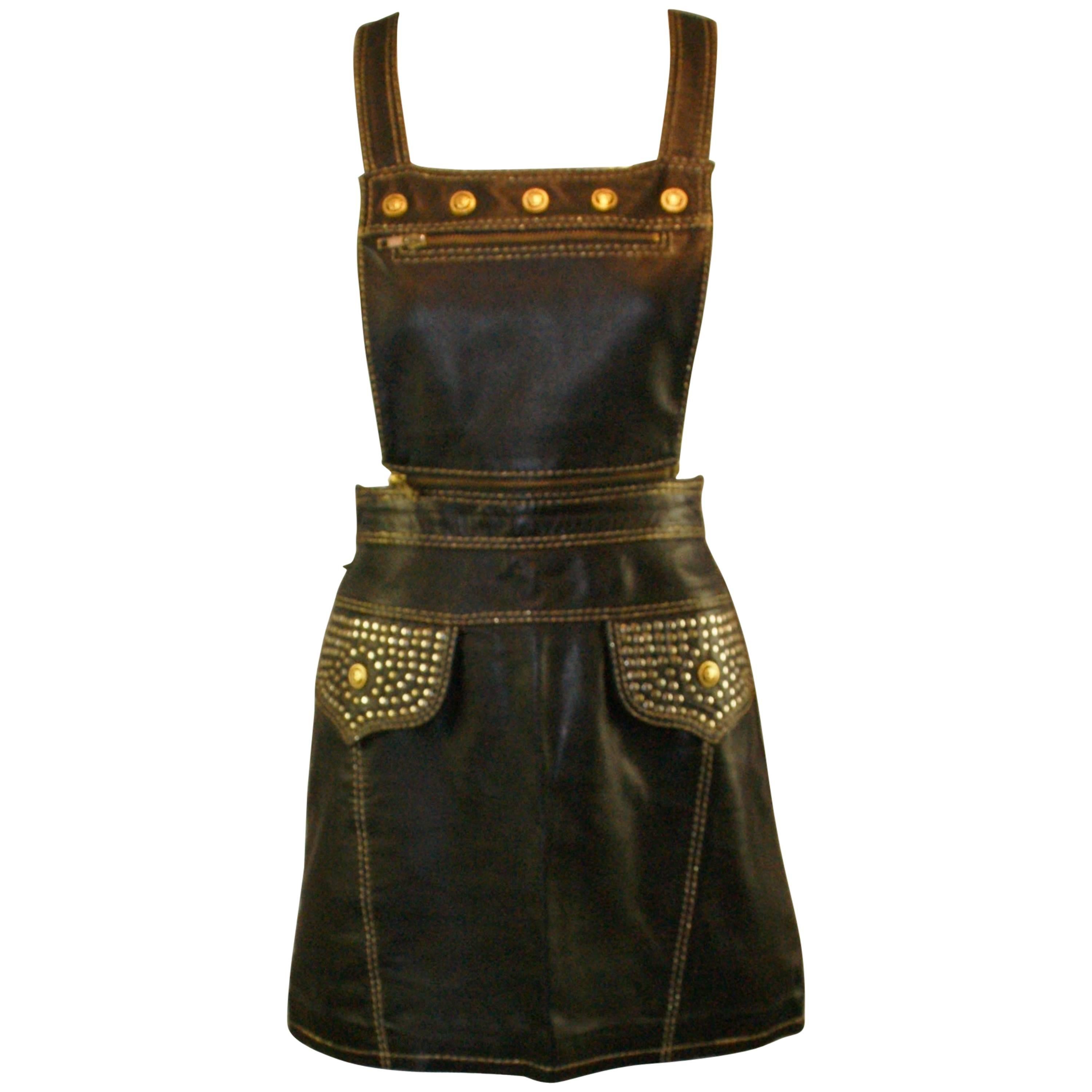 S/S 1992 Gianni Versace Couture Studded Black Leather Pinafore Mini Dress 38