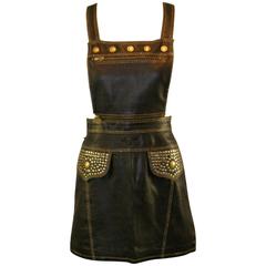 Retro S/S 1992 Gianni Versace Couture Studded Black Leather Pinafore Mini Dress 38