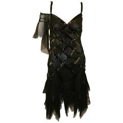 S/S 2003 Gianni Versace Couture Runway Black Silk Beaded 1920's Flapper Dress 40