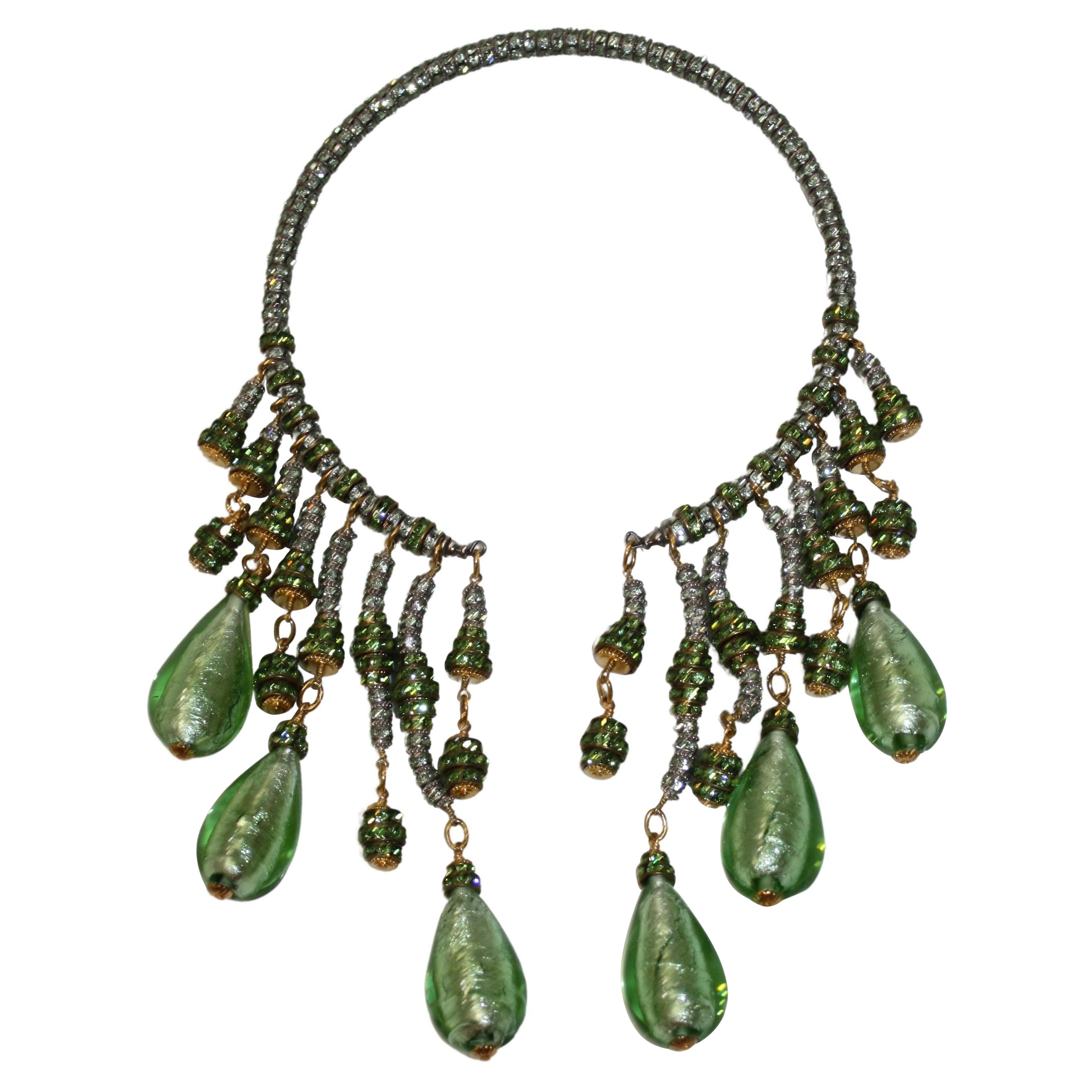 44cm L/ 7cm E Vintage Inspired Green Glass Bead Tassel Necklace In Bronze Tone 