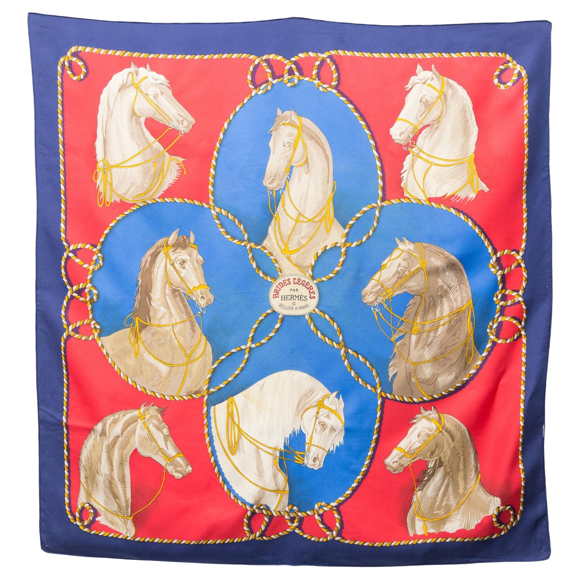Hermes Blue and Red Brides Legeres by F Heron Silk Scarf For Sale