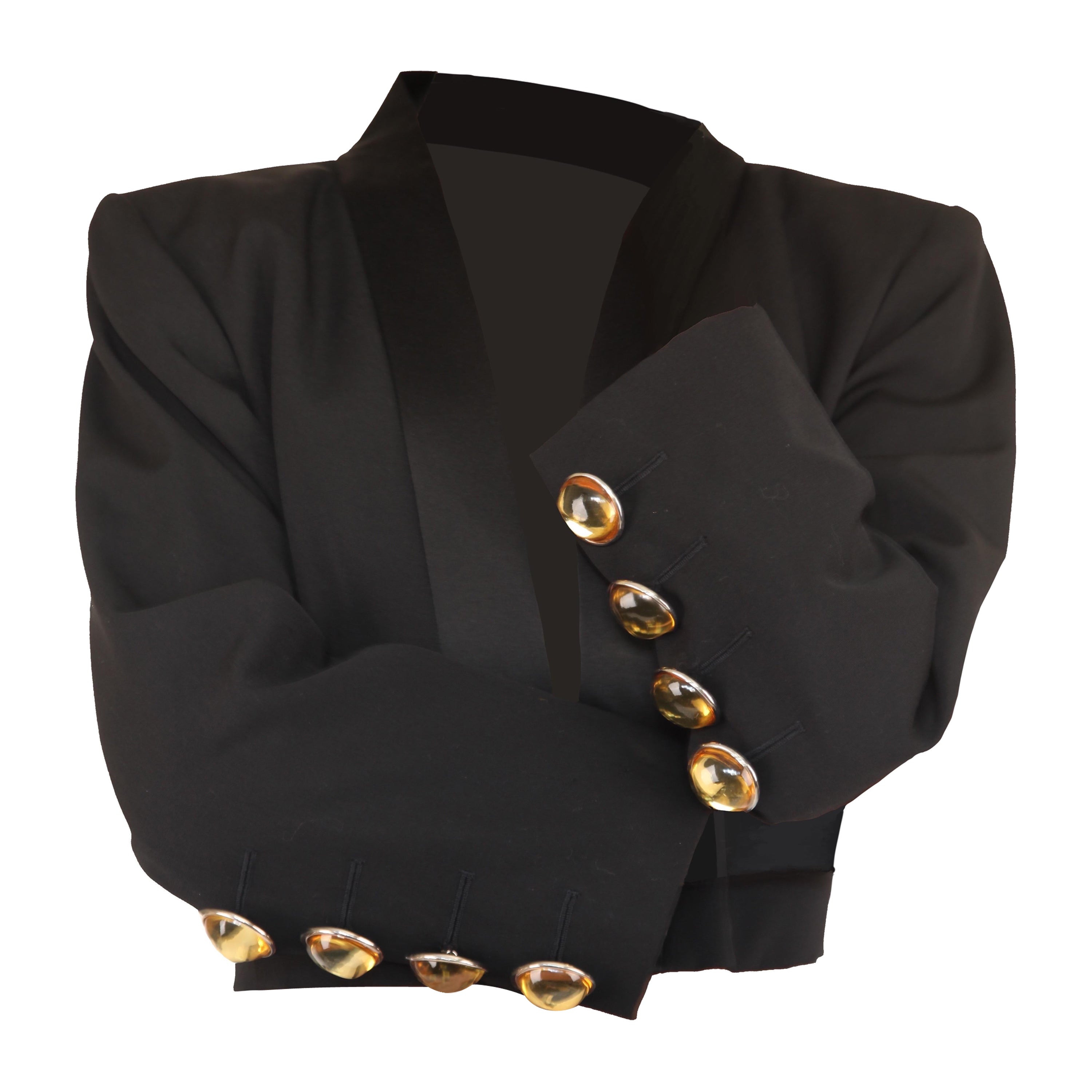 Yves Saint Laurent  wool and satin open cropped smoking tuxedo jacket, c.1980  For Sale