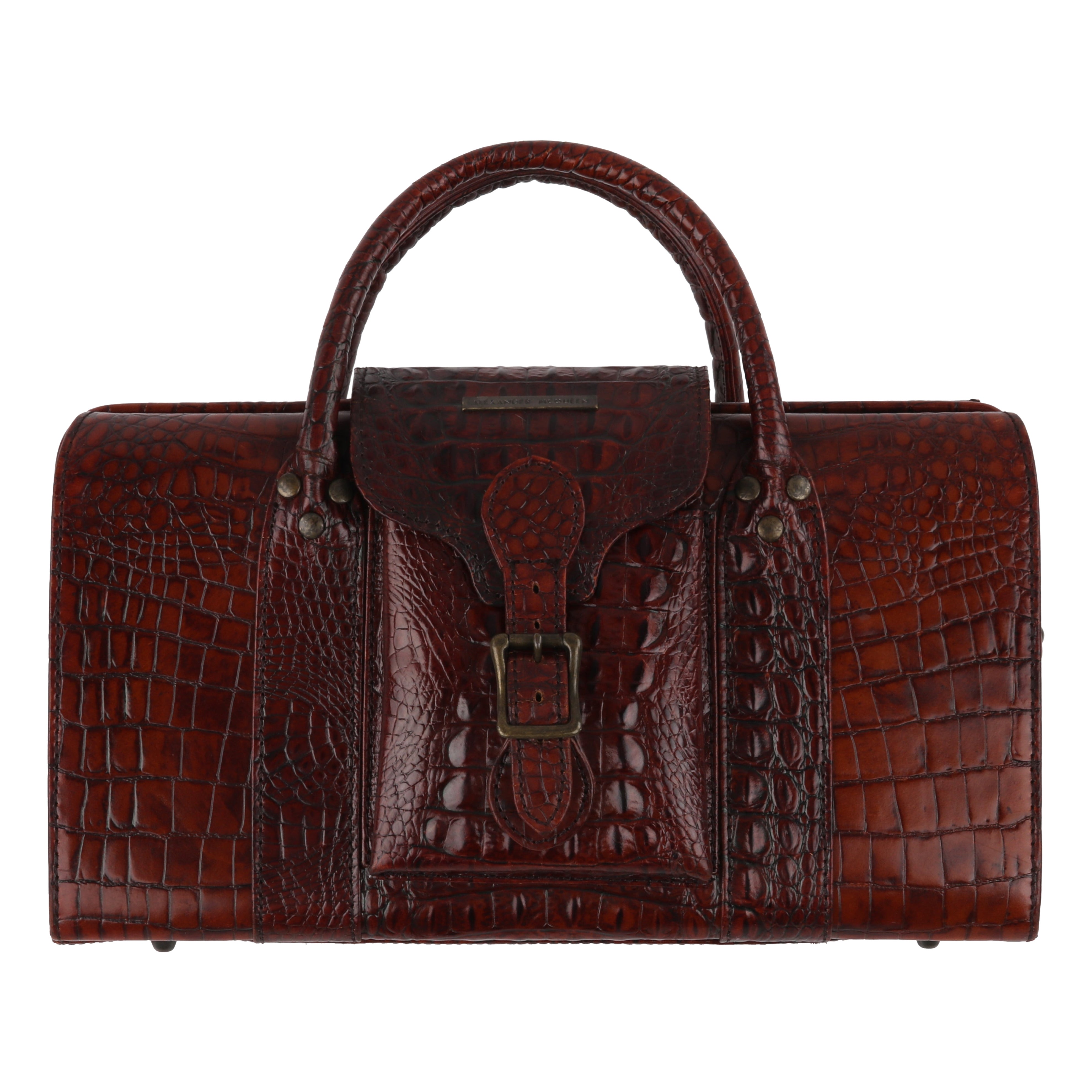 ALEXANDER McQUEEN c.2003 Brown Leather Crocodile Embossed Buckle Box Handbag For Sale