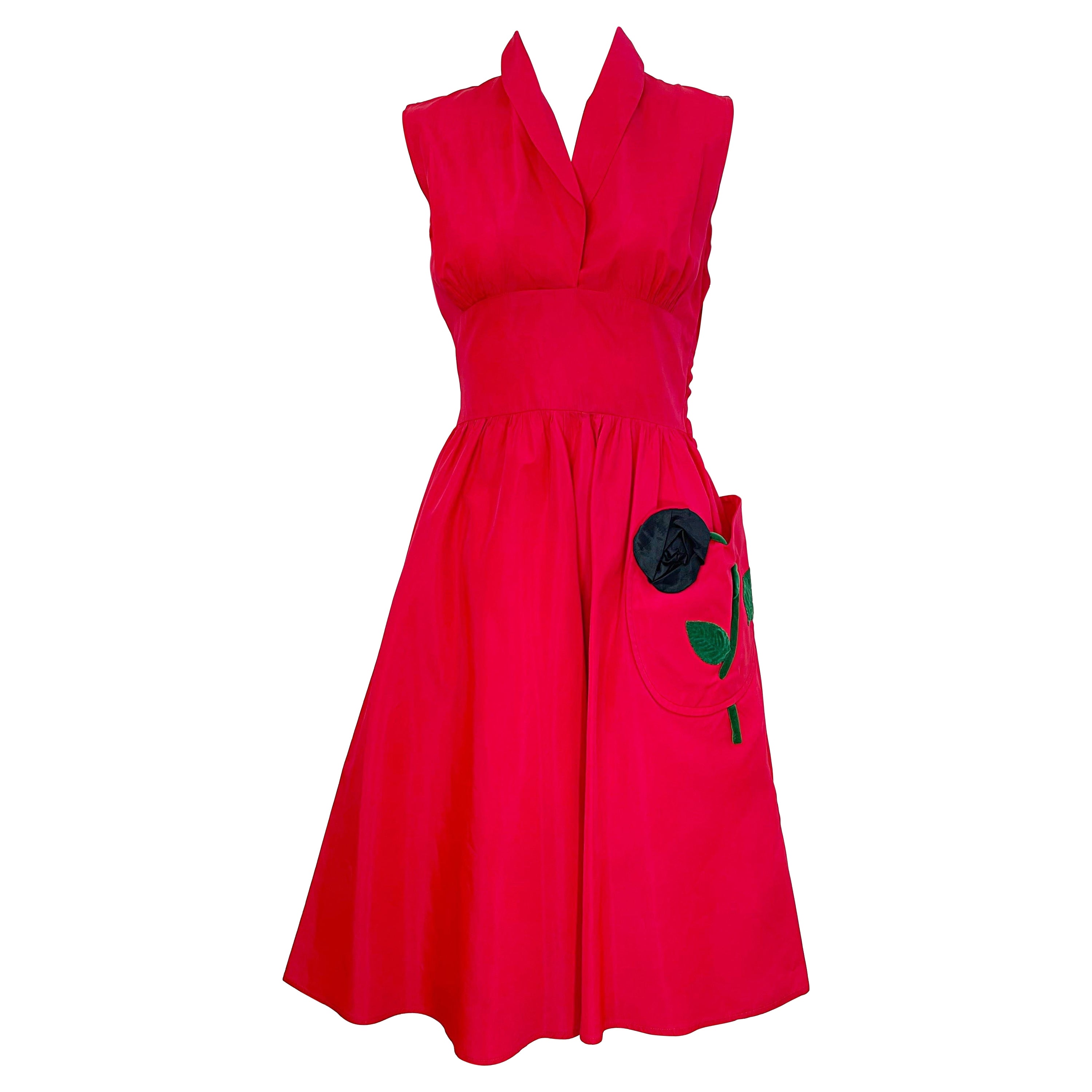 1950s Lipstick Red Silk Taffeta Rose Pocket Appliqué Fit n’ Flare 50s Dress For Sale