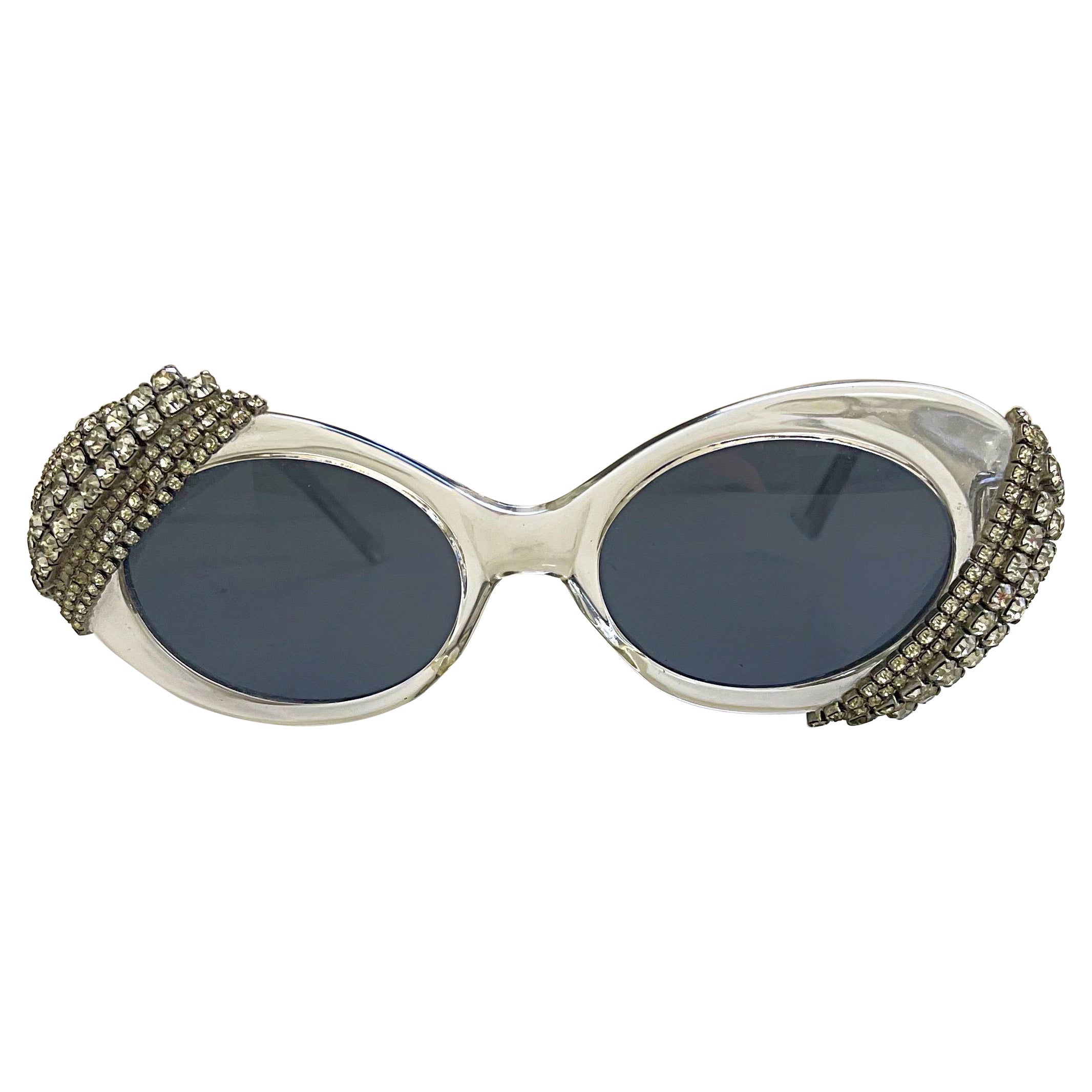Vintage Mercura NYC Rihanna Clear + Rhinestone Jackie O 60s Style Sunglasses For Sale