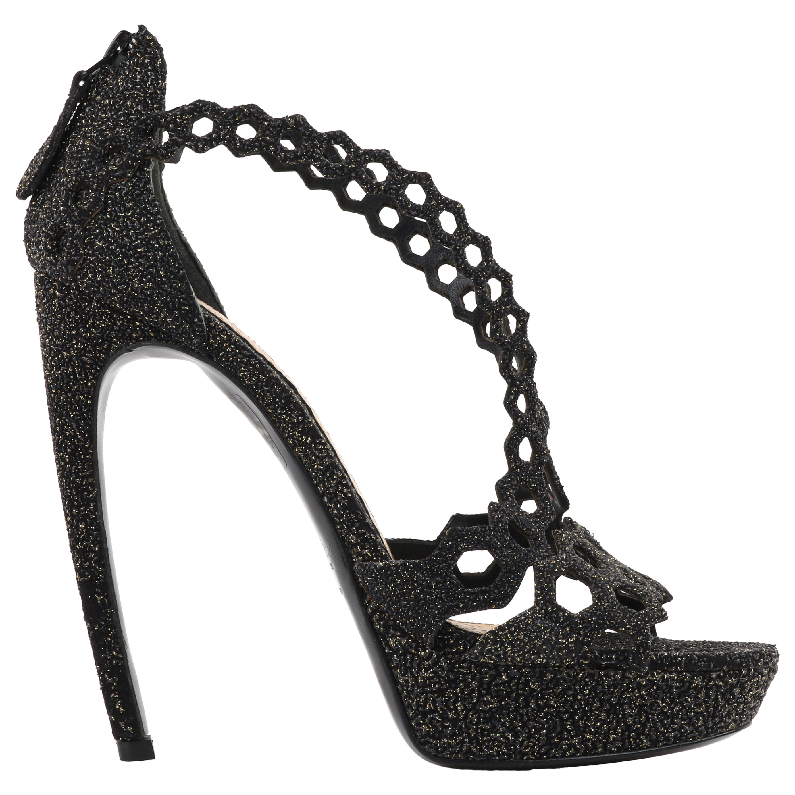 ALEXANDER McQUEEN S/S 2013 Black Gold Sparkle Honeycomb Textured Arched Heels For Sale