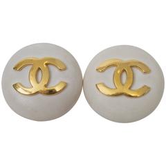 1980s Chanel White Button Earrings