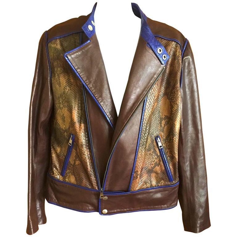 Gucci by Tom Ford Brown Leather and Snakeskin Mens Moto ...