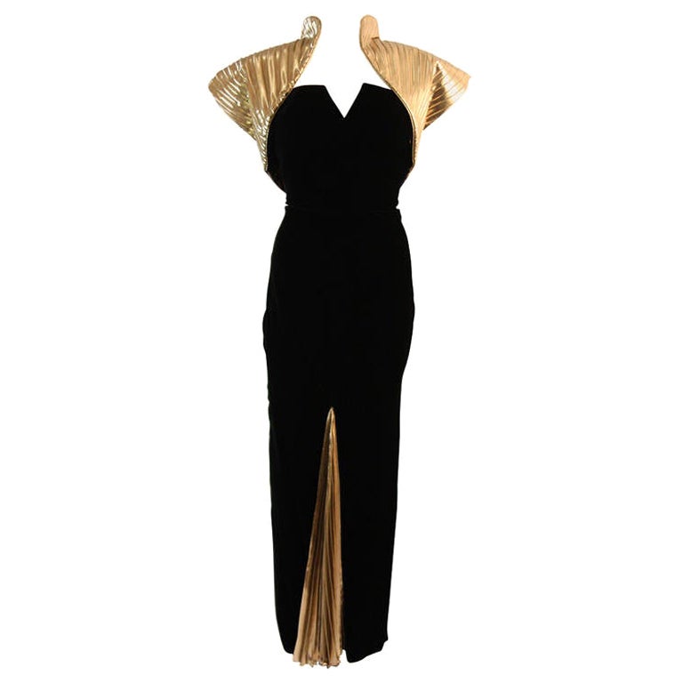 Vicky Tiel Black Velvet and Gold Cleopatra Gown with Bolero For Sale