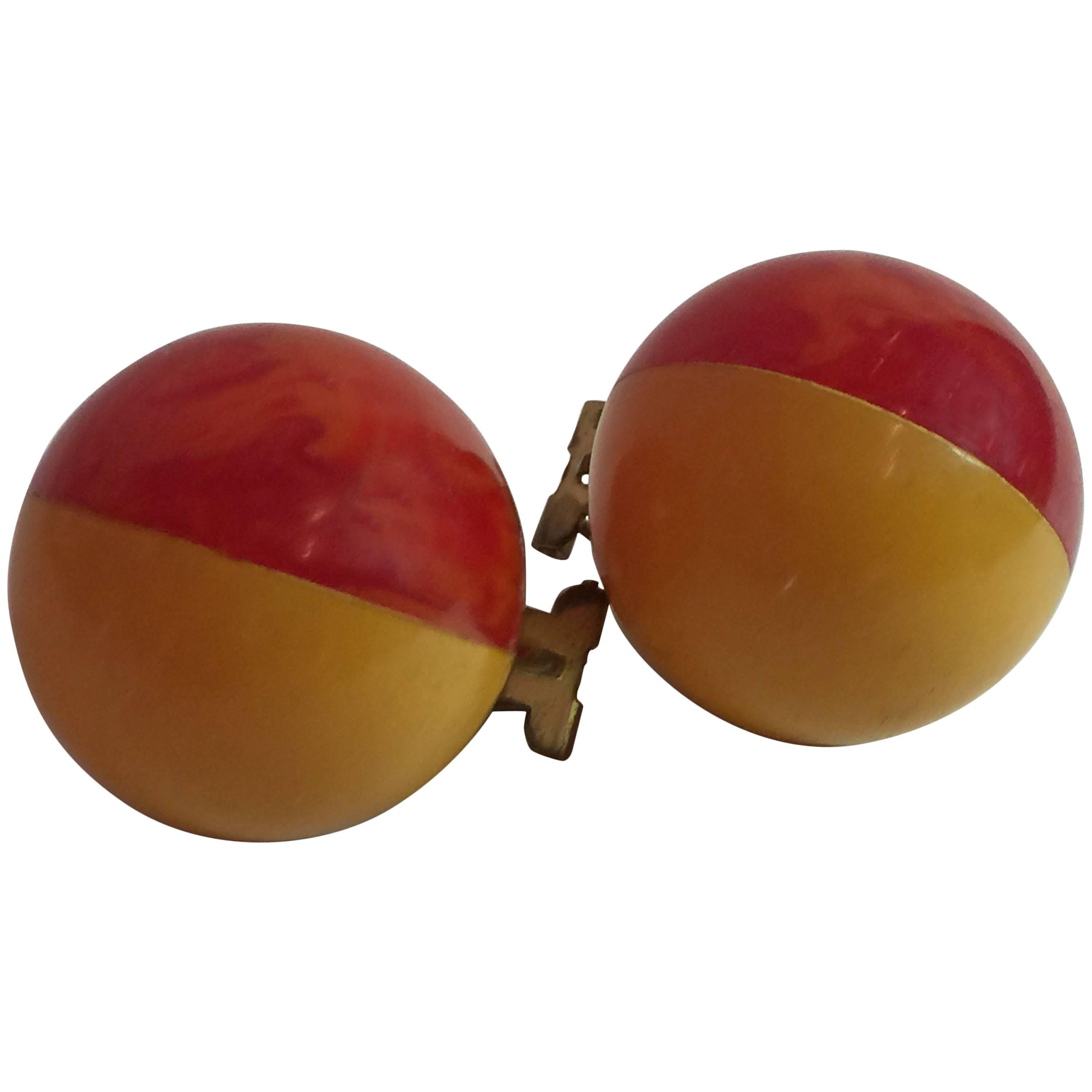 1930s Two Color Laminated Bakelite 3-D Circular Sphere Red & Cream Clip Earrings For Sale