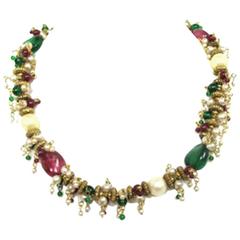 Chanel Vintage '60s Red & Green Gripoix Pearl Necklace 2
