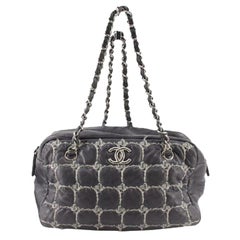 Vintage Chanel Gray Lambskin Leather Chocolate Bar Tweed Stitch Bowler Shoulder Bag