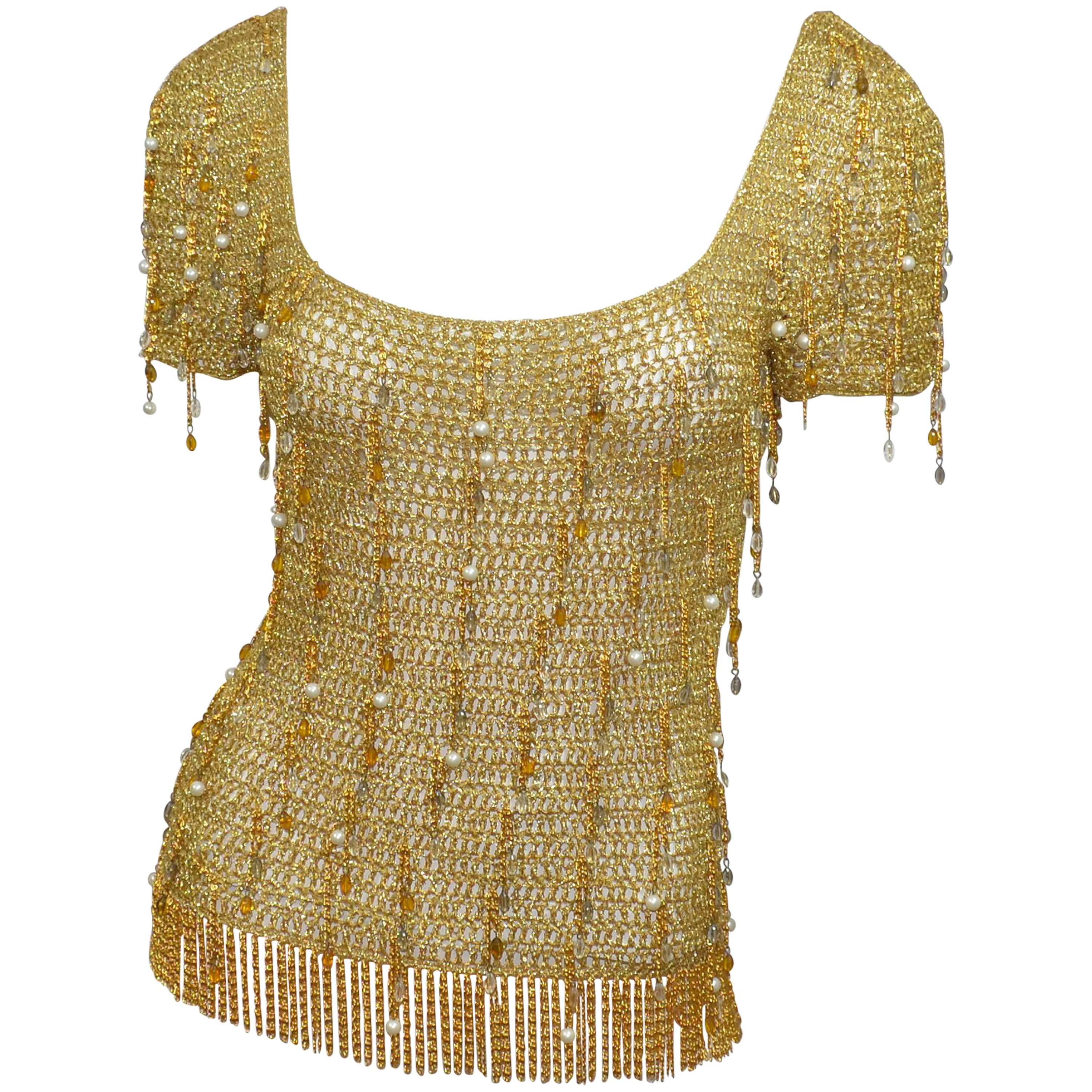 Loris Azzaro 1970s Vintage Gold Knit Chain Top For Sale