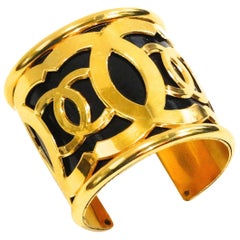 Vintage Chanel Black Gold CC Logo Cuff circa 1980s 