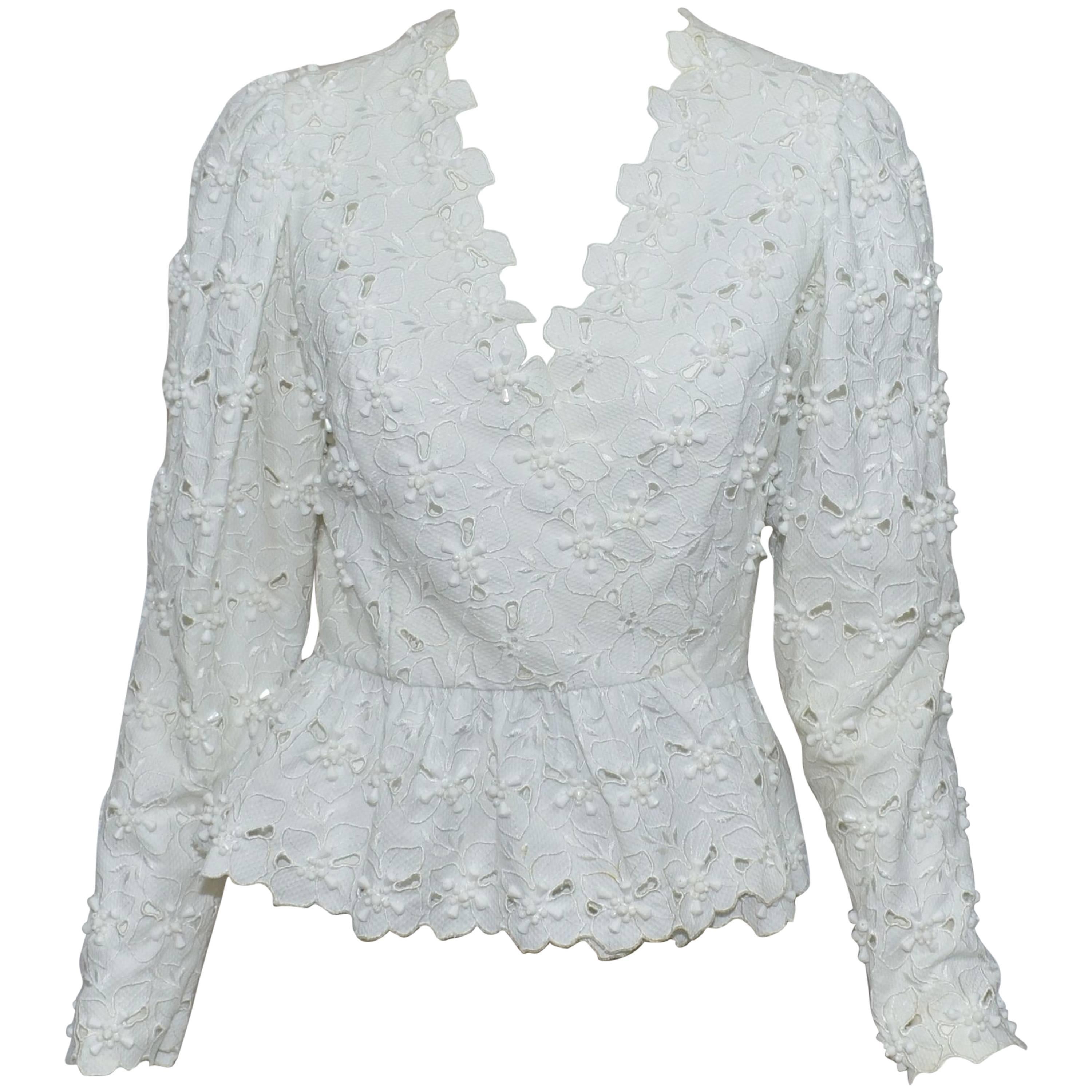 White Cotton Pique Eyelet Beaded Jacket