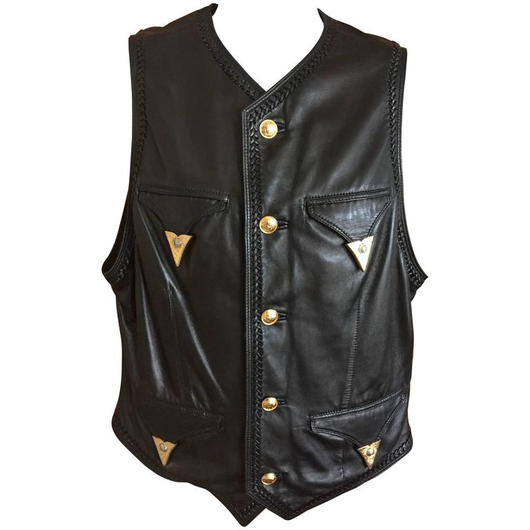 Gianni Versace Mens Black Leather Vest with Whipstitch Trim and Gold