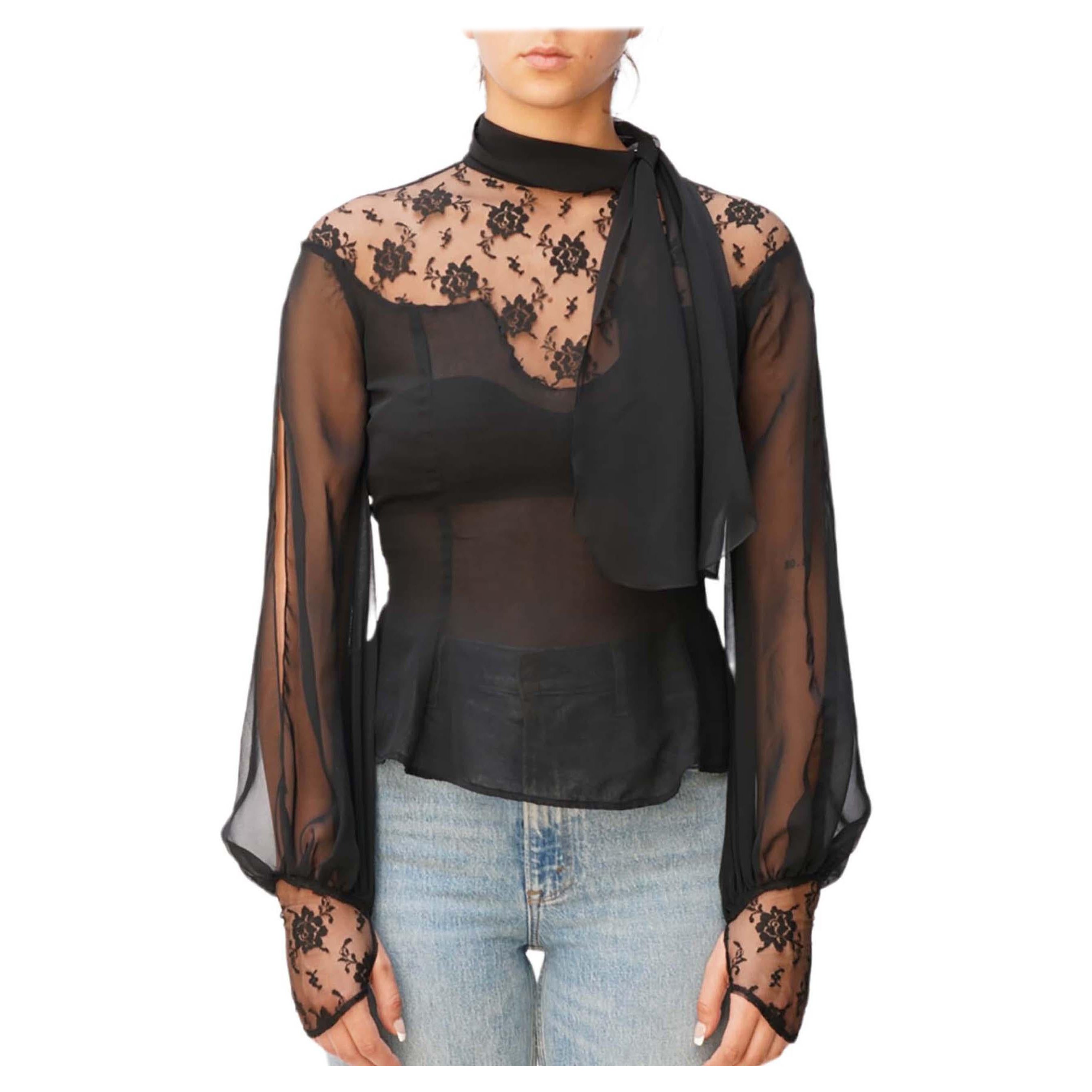 1990S GIANFRANCO FERRE Black Sheer Chiffon Turtle Neck Bow Blouse For Sale
