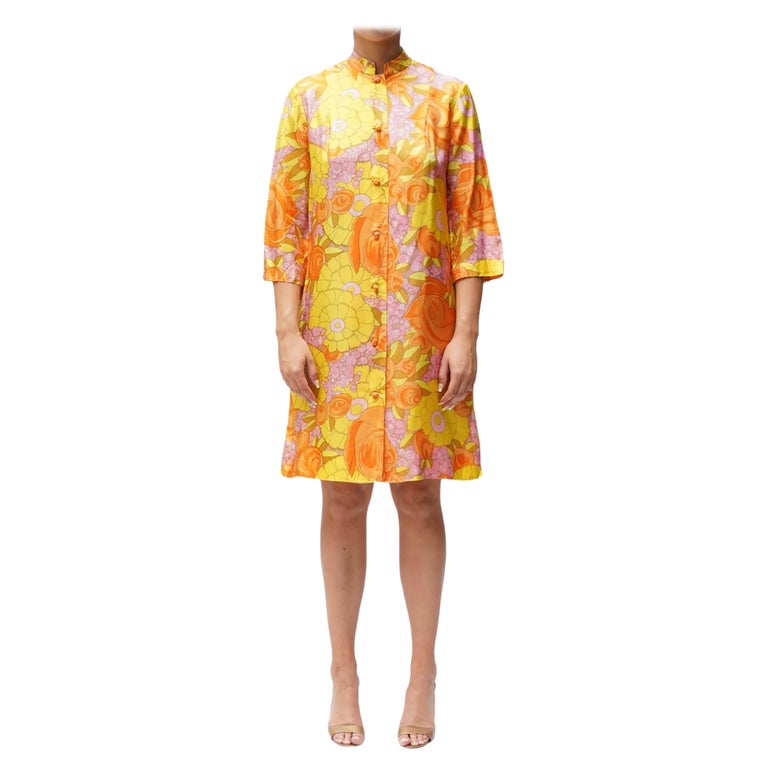 1960S Floral Print Multicolored Silk Pink and Orange Dress For Sale at