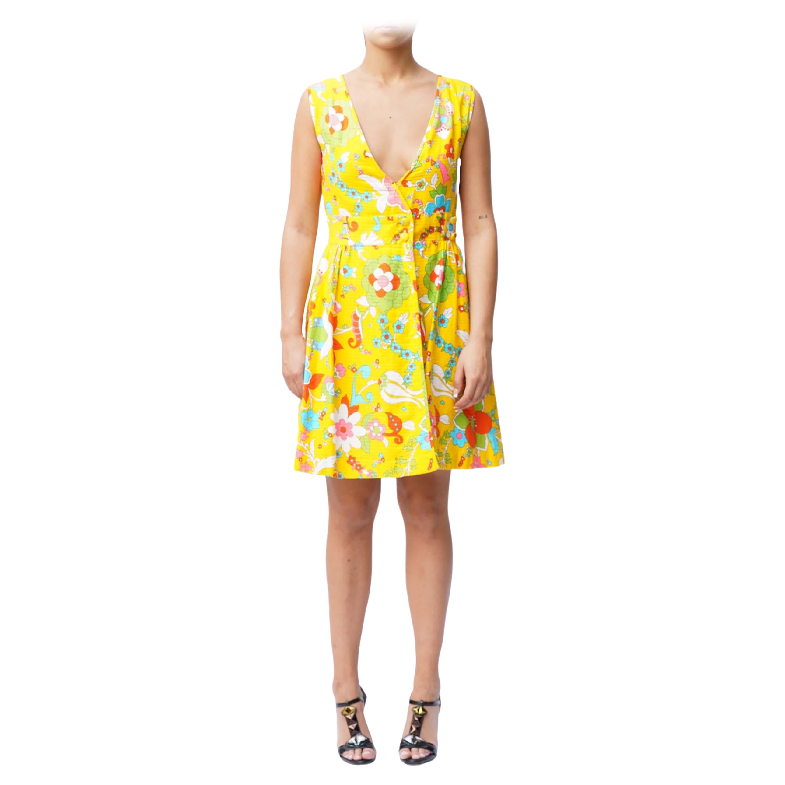 1970S Yellow Floral Print Wrap Dress For Sale