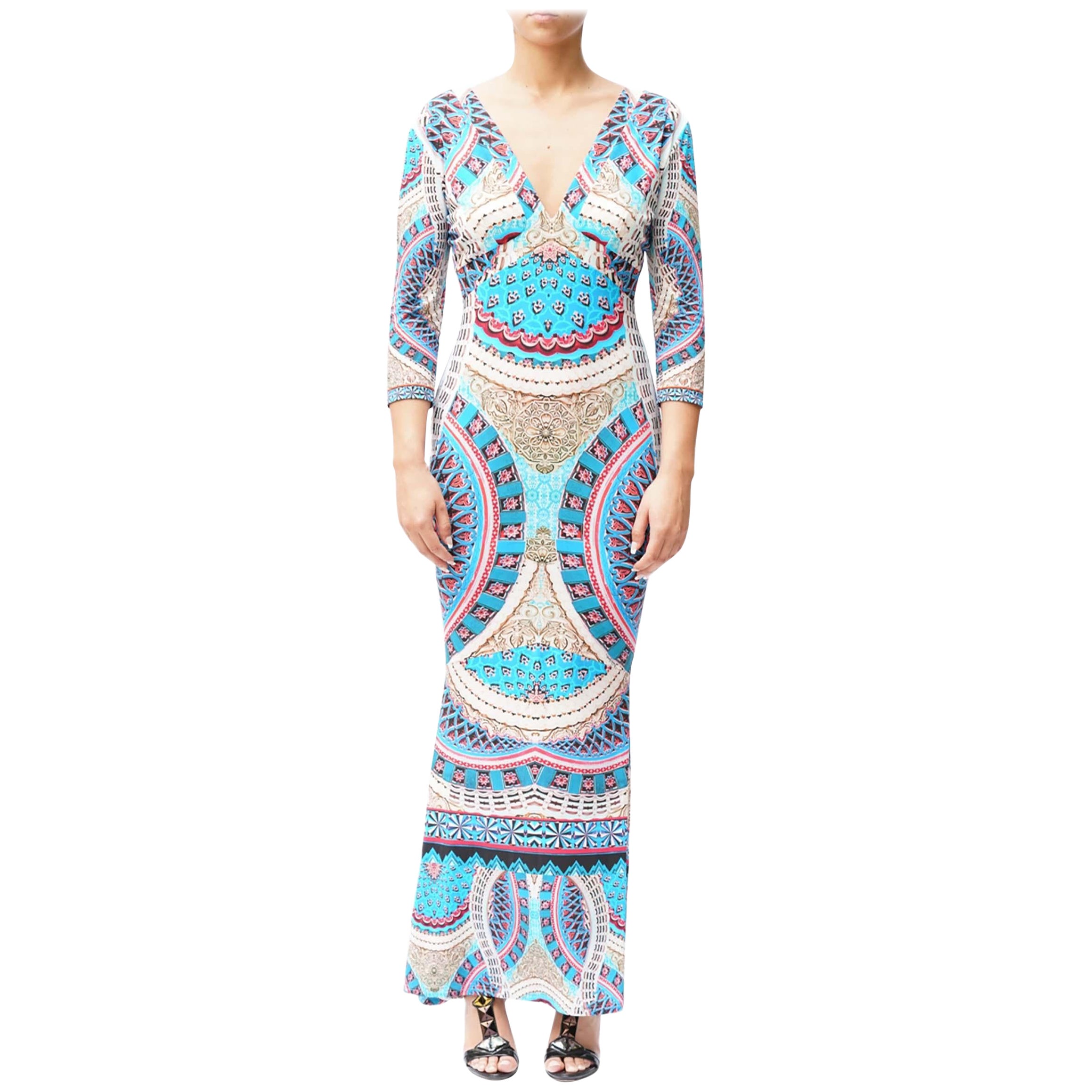 ROBERTO CAVALLI Electric Blue V Neck Kaleidoscope Pattern Long Dress For Sale