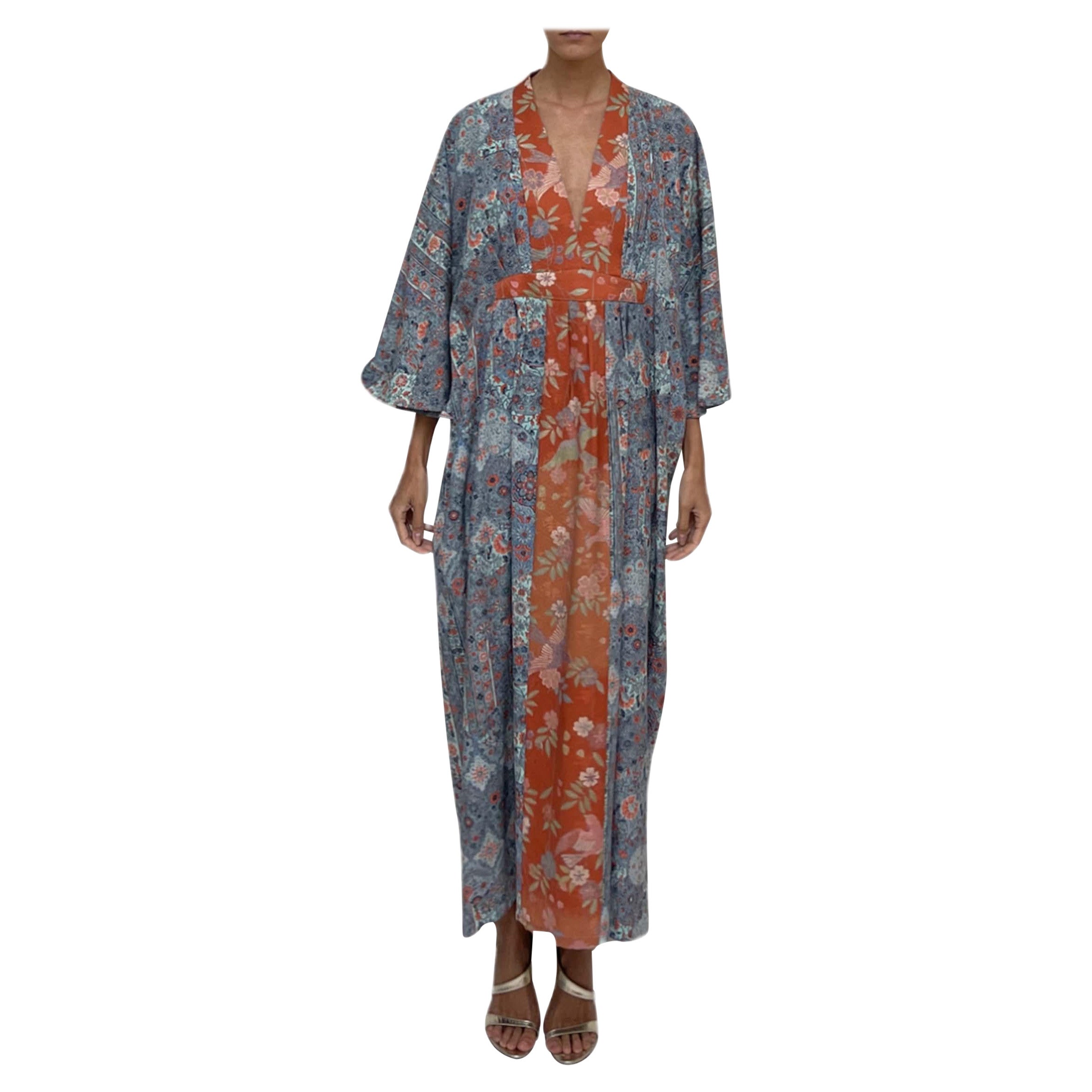 MORPHEW COLLECTION Blue & Orange Japanese Kimono Silk Kaftan For Sale