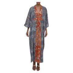 MORPHEW COLLECTION Blauer & orangefarbener japanischer Kimono-Seiden Kaftan