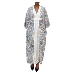 MORPHEW COLLECTION Blue & White Japanese Kimono Silk China Print Kaftan With Tr