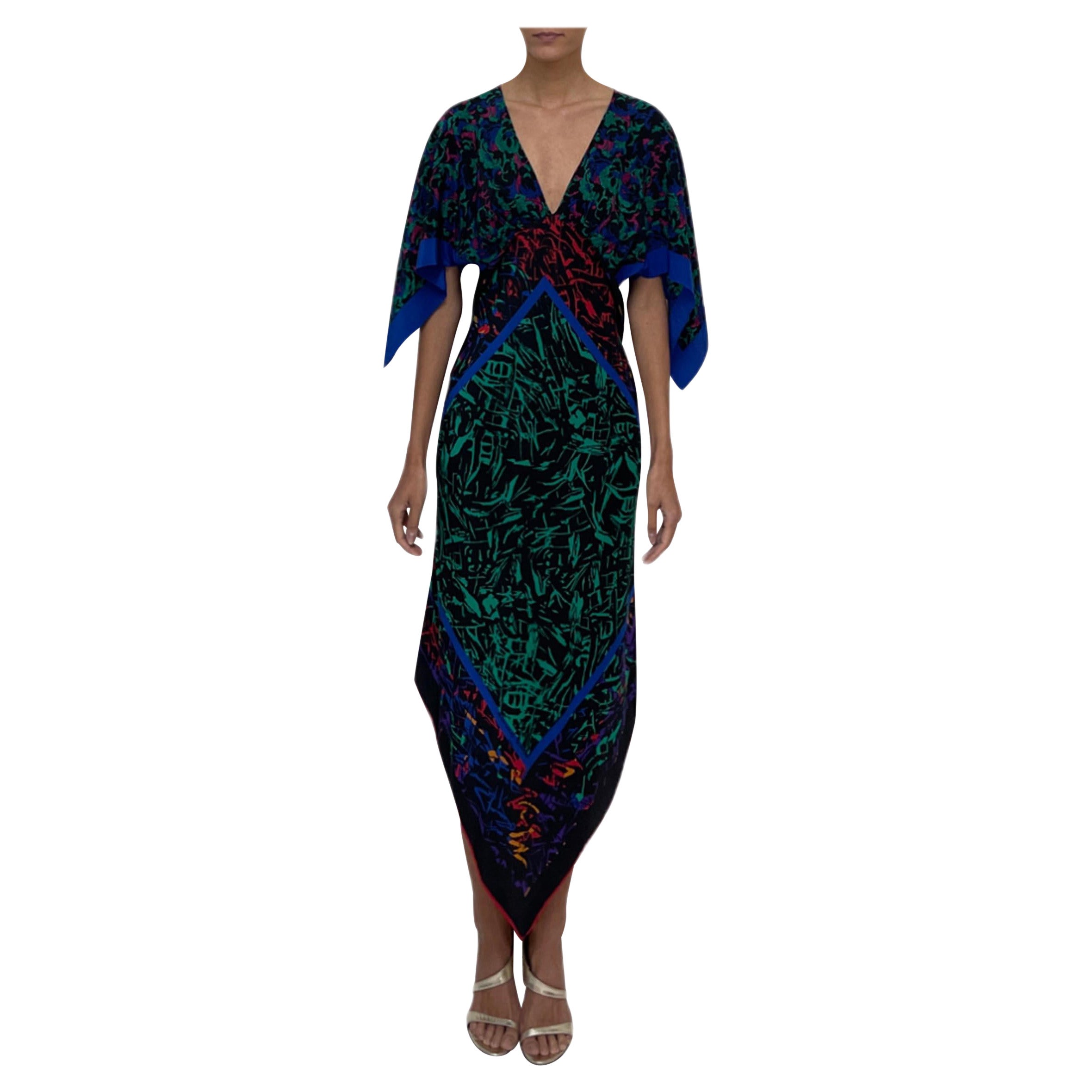 MORPHEW COLLECTION Black, Blue & Green Silk 2-Scarf Dress Made From Jean-Louis  For Sale