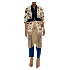 MORPHEW COLLECTION Cream & Black Silk Hand Embroidered Floral Cocoon With Fringe