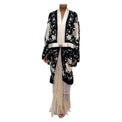 MORPHEW COLLECTION Black & White Silk Embroidered Floral Cocoon With Fringe And