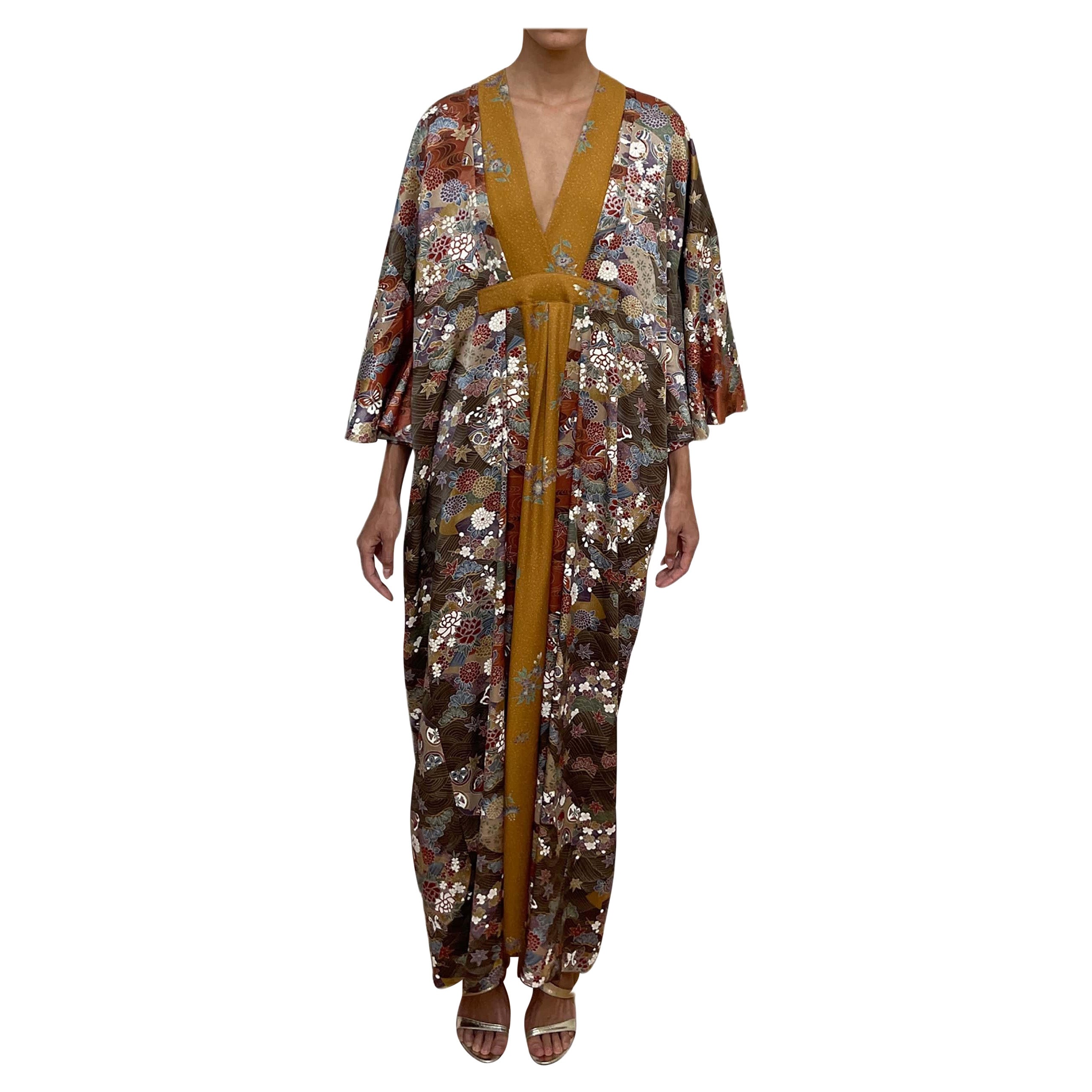 MORPHEW COLLECTION Mustard, Burgundy & Grey Floral Japanese Kimono Silk Kaftan For Sale