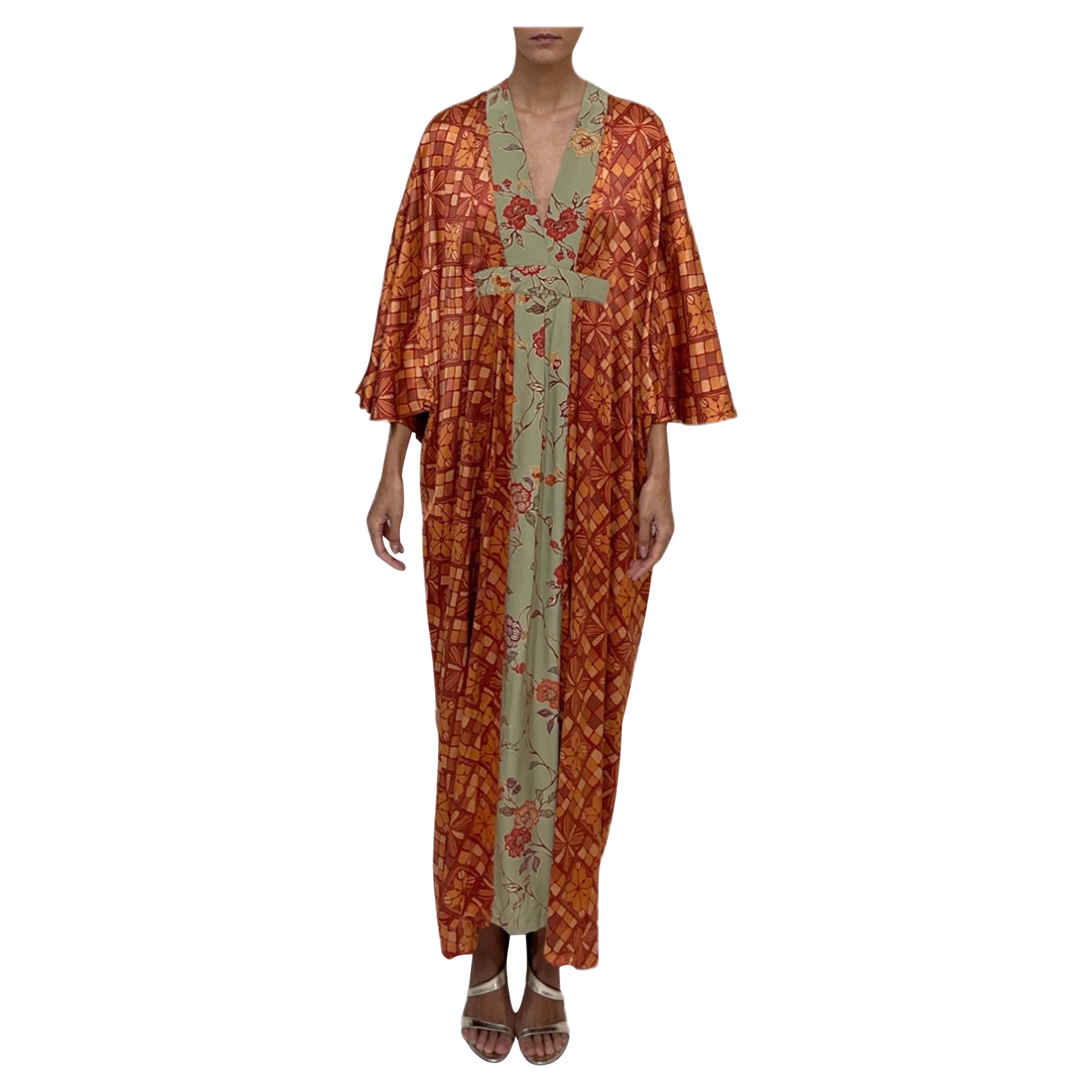 MORPHEW COLLECTION Orange & Sage Geometric, Floral Japanese Kimono Silk Kaftan For Sale