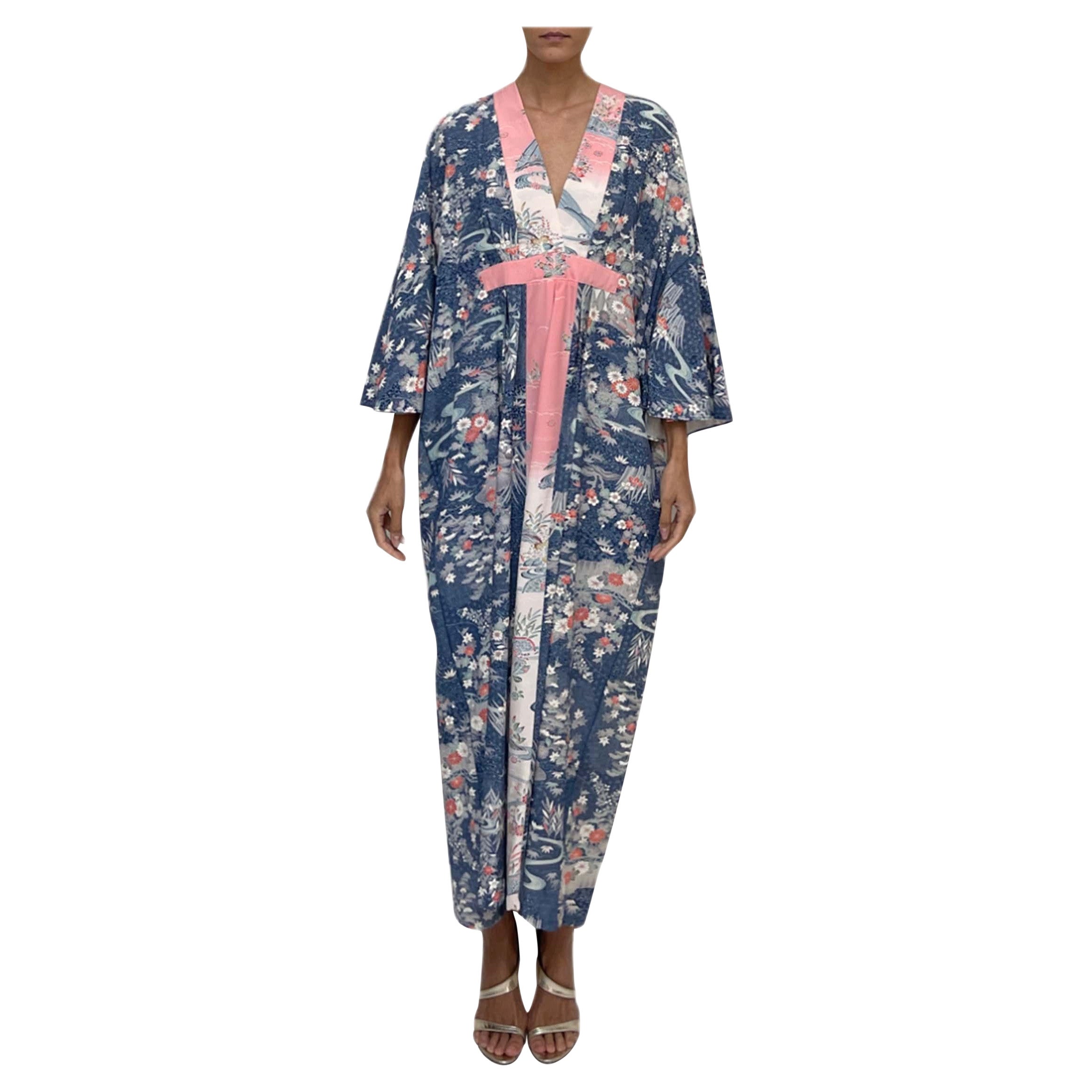 MORPHEW COLLECTION Navy Blue, White & Pink Floral Japanese Kimono Silk Kaftan For Sale