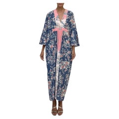 MORPHEW COLLECTION Navy Blue, White & Pink Floral Japanese Kimono Silk Kaftan