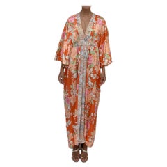 MORPHEW COLLECTION Orange, Peach & Green Floral Japanese Kimono Silk Kaftan