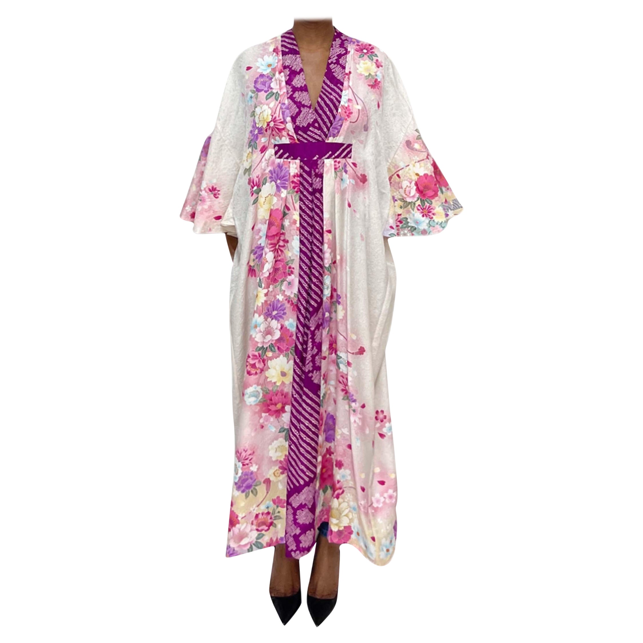 MORPHEW COLLECTION Purple, Pink and Cream Floral Japanese Kimono Silk Kaftan  For Sale at 1stDibs