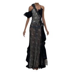 MORPHEW ATELIER Black & White Antique Lace Silk Taffeta Backless Ruffled Gown
