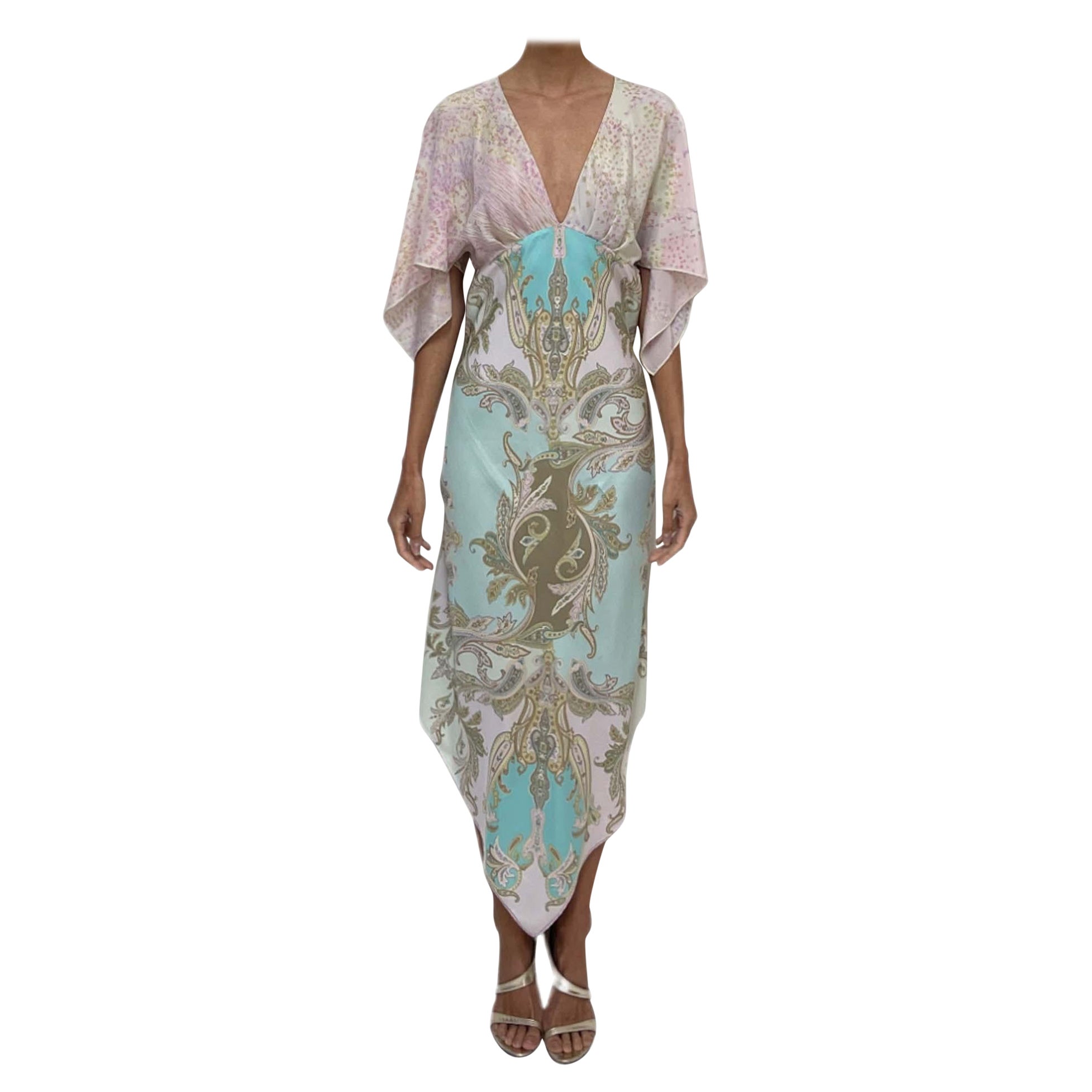 MORPHEW COLLECTION Pink, Olive Green & Sky Blue Silk Paisley 2-Scarf Dress Made For Sale