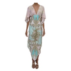 MORPHEW COLLECTION Pink, Olive Green & Sky Blue Silk Paisley 2-Scarf Dress Made