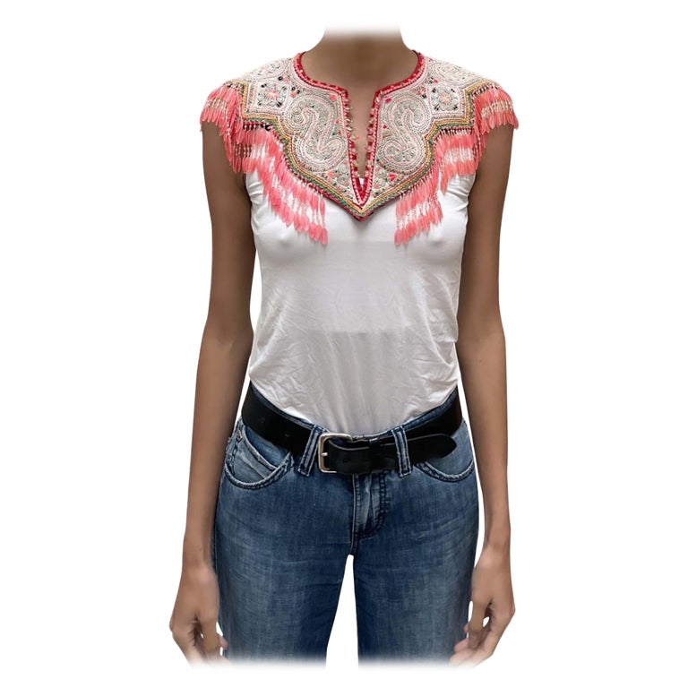 1960S Multicolor Central American Embroidered Collar Top With Plastic Bead Frin For Sale at 1stDibs