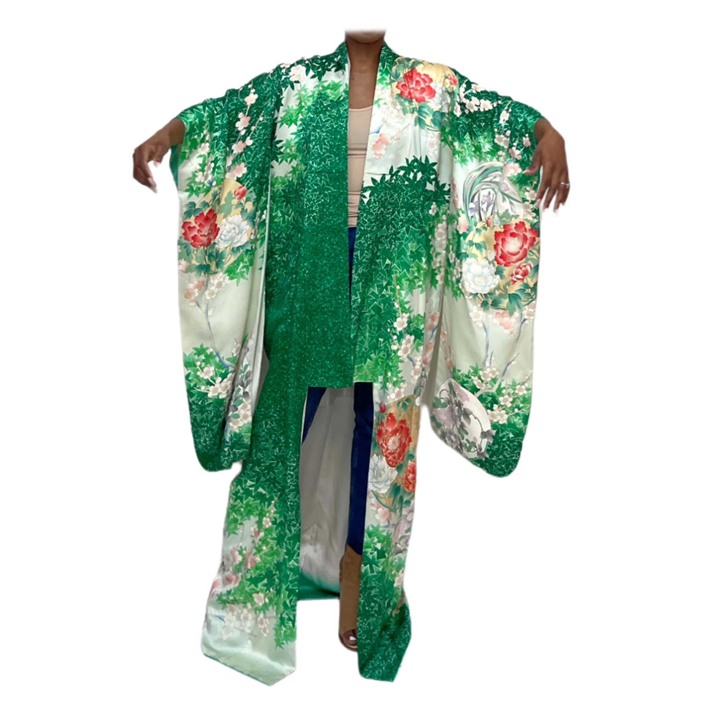 1960S Green & Light Floral Silk Japanese Kimono With Small Areas Of Hand-Embroi For Sale