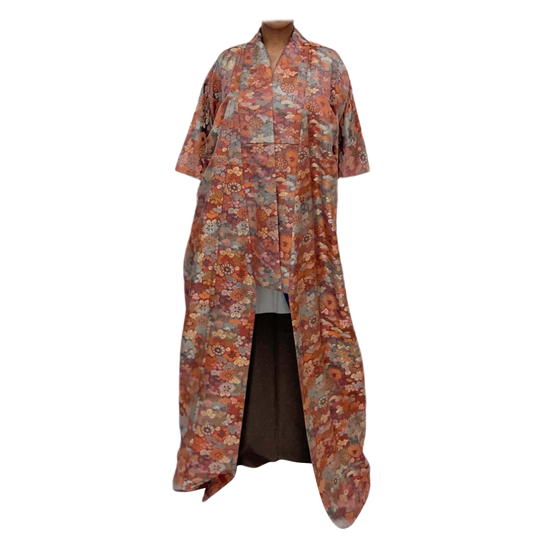1950S Jewel-Tone Silk Jacquard Short Floral Kimono For Sale