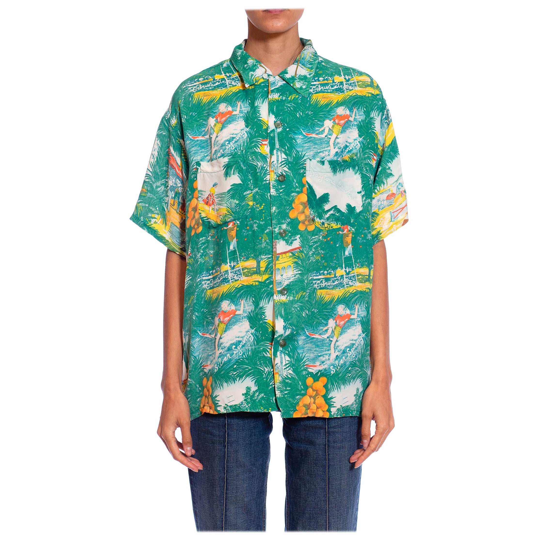 1950S Green Rayon Florida Pin-Up Girl Tourist Photo Print Mens Aloha Shirt